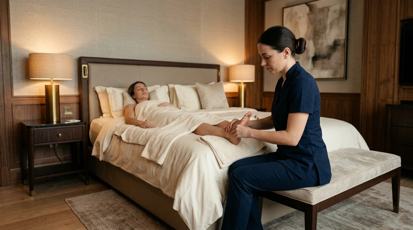 Female therapist in dark blue uniform giving foot reflexology massage to male client