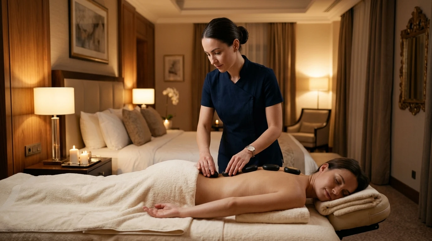Female therapist in dark blue uniform performing hot stone massage on male client