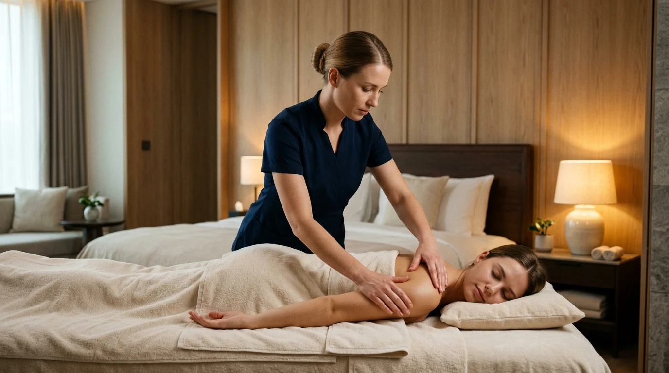 Masseuse in dark blue uniform giving gentle lymphatic drainage massage to male client