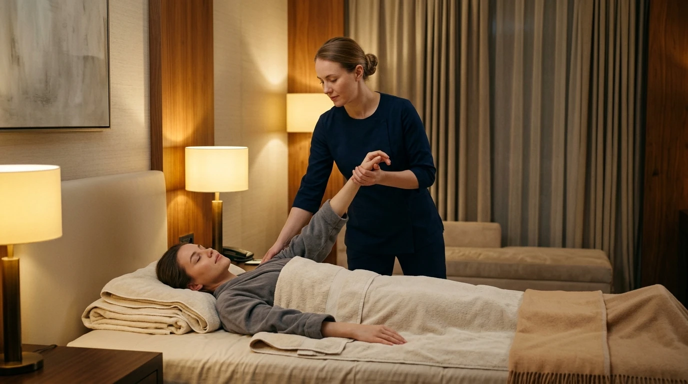 Female therapist in dark blue uniform performing traditional Thai stretching massage on male client